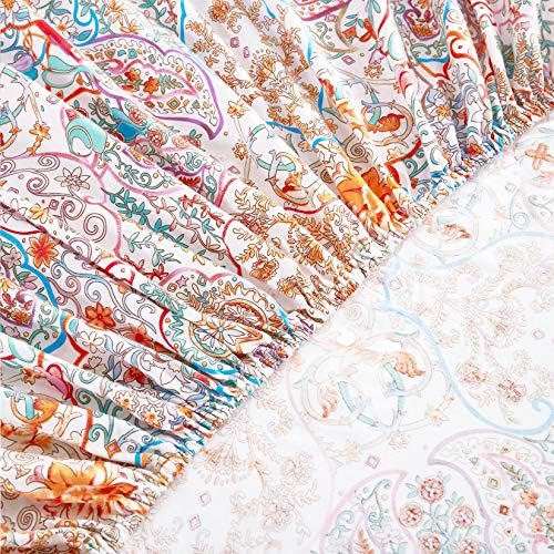 Wake In Cloud - Boho Bed Sheets, 100% Cotton, 4-Piece Sheet Set, Bohemian Hippie Chic Paisley Patterned Aesthetic Bedding, Deep Pocket, Turquoise Orange, Queen Size