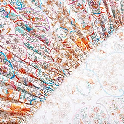 Wake In Cloud - Boho Bed Sheets, 100% Cotton, 4-Piece Sheet Set, Bohemian Hippie Chic Paisley Patterned Aesthetic Bedding, Deep Pocket, Turquoise Orange, Queen Size