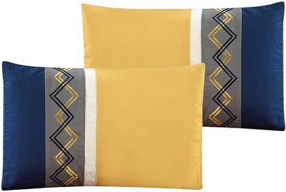 Chezmoi Collection Arden 7-Piece Modern Pleated Stripe Embroidered Zigzag Bedding Comforter Set (California King, Navy/Gray/Yellow/White)