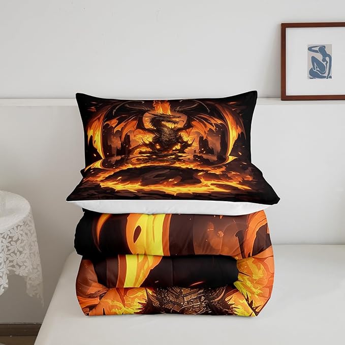 Castle Fairy Dragon Boys Kids Comforter Set Full Size,Orange Fire Western Animals Duvet Set Room Decor,Flames Dragon Brushed Microfiber Soft Bedding Comforter