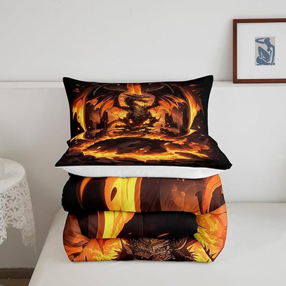 Castle Fairy Dragon Boys Kids Comforter Set Full Size,Orange Fire Western Animals Duvet Set Room Decor,Flames Dragon Brushed Microfiber Soft Bedding Comforter