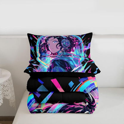Erosebridal 3D Anime Girl Bedding Comforter Sets American Street Culture Comforter Set Queen for Teens Youth Girls Watercolor Graffiti Style Bedding Galaxy Stars Print Duvet Set with 2 Pillow Cases