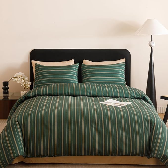 CLOTHKNOW Striped King Size Comforter Set 3Pcs Green Bedding Comforter Sets Farmhouse Ticking Comforter with 2 x Pillow Cases