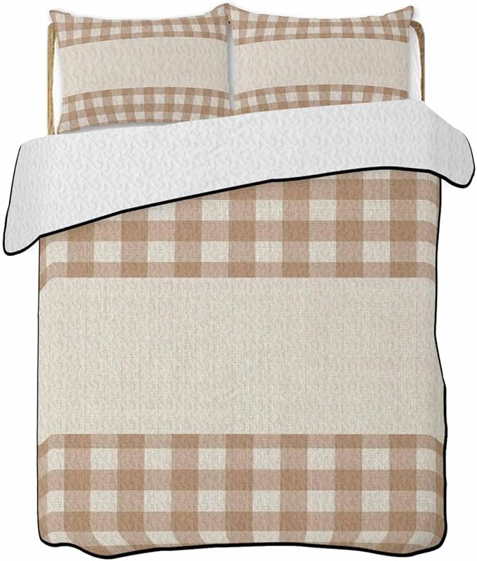 Quilt King Size Bedding Set, Retro Brown Lightweight Summer Quilt 3 Pieces Bedding Sets, Farmhouse Buffalo Plaid Vintage Beige Reversible Soft Bedspreads Coverlets with 2 Pillow Shams for All Season