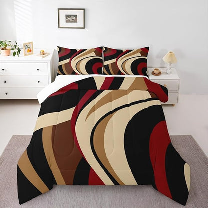 Black Red Brown Comforter Set Queen Size Vintage Abstract Stripes Bedding Set for Kids Girls Women Adult Bedroom Decor Geometric Circle Waves Quilt Set Soft Polyester Duvet Insert 3pcs