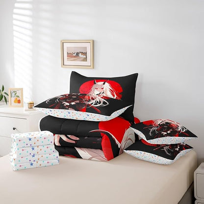 Erosebridal Twin Japanese Anime 7 Piece Comforter Set for Kids, Anime Girl Bed in A Bag Kawaii Japanese Style Bedding Set Cartoon Japan Animation Bed Set for Boys Teen Adult Women Bedroom
