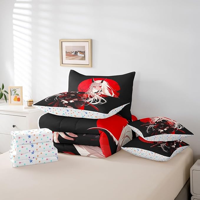 Erosebridal Queen Japanese Anime 7 Piece Comforter Set for Kids, Anime Girl Bed in A Bag Kawaii Japanese Style Bedding Set Cartoon Japan Animation Bed Set for Boys Teen Adult Women Bedroom