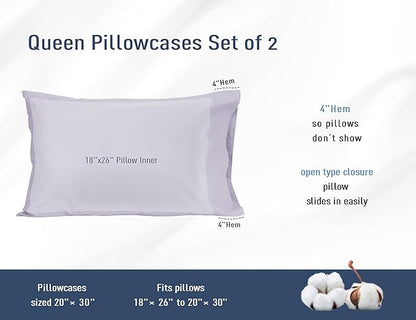 Pillow Cases, Standard Queen Size Cotton Percale Weave Pillowcases, Pre-Shrunk Breathable and Hypoallergenic Pillowcases, Set of 2 (2 Piece Standard/Queen 20 Inch x 30 Inch, Light Purple)