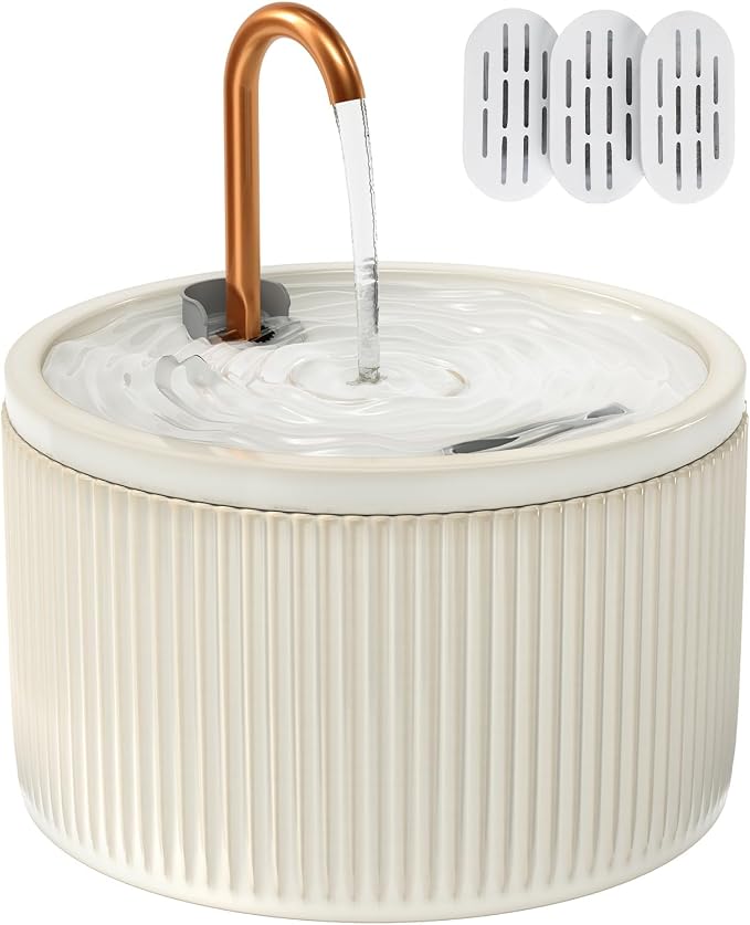 Ceramic Cat Water Fountain - 2.1L/71oz - All-Ceramic Body & Pure Copper Water Spout - Non-Toxic - Automatic Pet Drinking Fountain Indoor with Ultra-Quiet Pump, and 3Pcs Filter & Sponge (White)