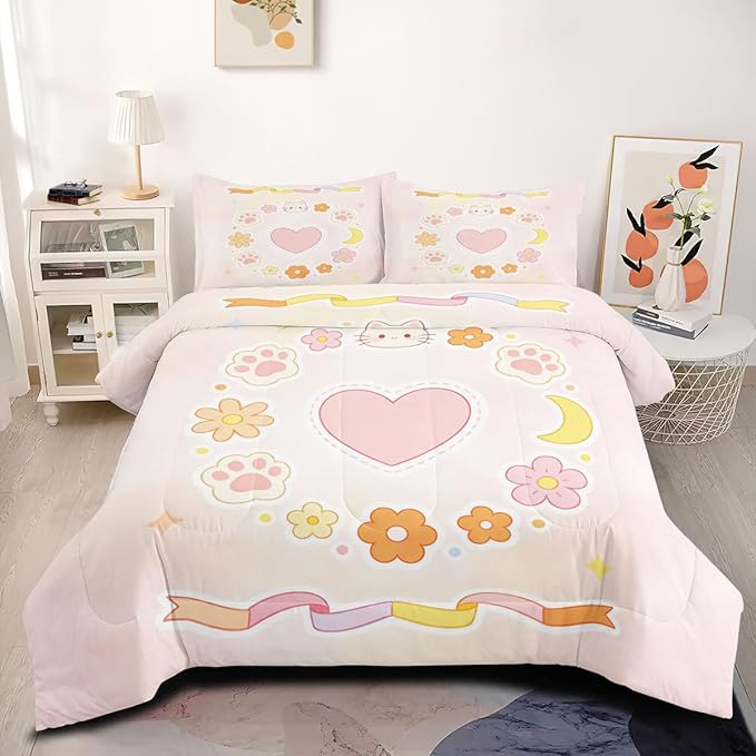 Kids Pink Cute Cat Paw Comforter Set Queen Size, 3Pcs Dorm Cat Animal Bedding Sets for Girls, 100% Washed Microfiber, Includes 1 Heart Comforter 90"x90" and 2 Pillowcases