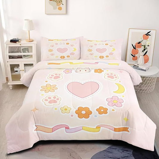 Kids Pink Cartoon Cat Paw Bedding Set, 7Pcs Full Size Bed in a Bag, Heart Star Comforter Sets with 1 Comforter 79"x 90", 2 Pillowcases, 1 Fitted Sheet, 1 Flat Sheet, 2 Pillow Shams
