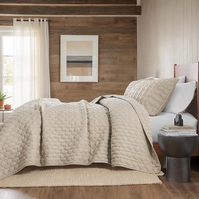 Beige Quilt Queen Size Bedding Sets with Pillow Shams, Lightweight Soft Bedspread Coverlet, Quilted Blanket Thin Comforter Bed Cover, All Season Summer Spring, Tan Cream, 3 Pieces, 90x90 inches