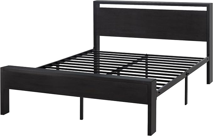 SHA CERLIN Full Size Bed Frame, Wooden Headboard and Footboard, Black Oak | Rounded Corners, 12 Metal Slats, Noise-Free Design, 12-Inch Storage, No Box Spring, 40-Minute Assembly
