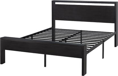 SHA CERLIN Full Size Bed Frame, Wooden Headboard and Footboard, Black Oak | Rounded Corners, 12 Metal Slats, Noise-Free Design, 12-Inch Storage, No Box Spring, 40-Minute Assembly
