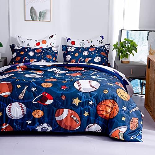 Wajade Sports Comforter Set - 7 Piece Queen Bedding with 3D Soccer, Basketball, Baseball, Football Design for Kids