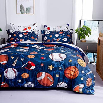 Wajade Sports Comforter Set - 7 Piece Queen Bedding with 3D Soccer, Basketball, Baseball, Football Design for Kids