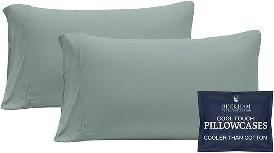 Beckham Hotel Collection Cooling Pillowcases for Hot Sleepers, Standard/Queen Size Set of 2, Cool Bedding, Envelope Closure, Silky Soft, Breathable, Moisture-Wicking, Aqua Gray