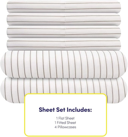 King Size Bed Sheets - 6 Piece 1500 Supreme Collection Fine Brushed Microfiber Deep Pocket King Sheet Set Bedding - 2 Extra Pillow Cases, Great Value, King, Pinstripe White