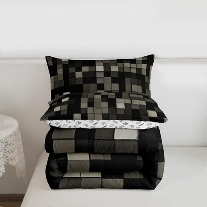 Manfei Pixelated Kids Comforter Set Twin Size,Patchwork Grid Video Games Bedding Set Boys Girls Room Decor,Lattice Abstract Simple Quilt Comforter,Dark Gray Duvet Set Bedroom Quilt Set,1 Pillowcase