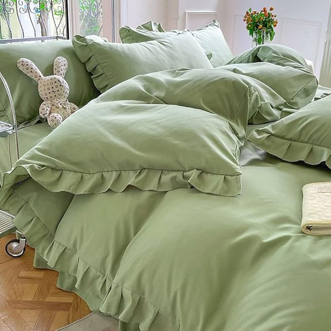 CLOTHKNOW Green Ruffle Queen Comforter Set Farmhouse Bedding Comforter Sets Sage Green Shabby Chic Comforter with 2 x Pillowcases