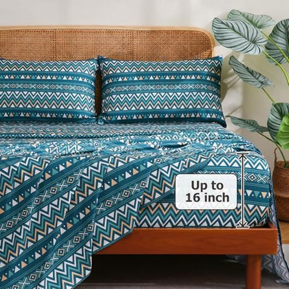 CozySmile Boho Sheet 4 Pieces King Sheet Set Bohemian,King Size Breathable Soft Microfiber Deep Pocket Bedding, Western Sheets Geometric(King, Teal Geometric)