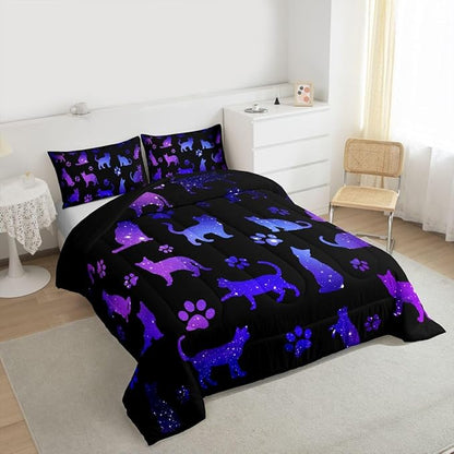 Erosebridal Cat Comforter Set Queen Lovers Bedding Cats Cartoon Silhouette Purple Blue Reversible Black Ombre Down Neon Pets Animal Paw Print Galaxy Slitter Stars Quilt For Kids Boys Girls,Multi 361