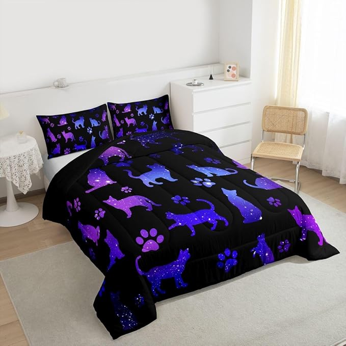 Cat Comforter Set Full Cat Lovers Bedding Cats Cartoon Silhouette Purple Blue Reversible Black Ombre Bedding Comforter Sets Neon Pets Animal Paw Print Galaxy Slitter Stars Quilt For Kids Boys Girls