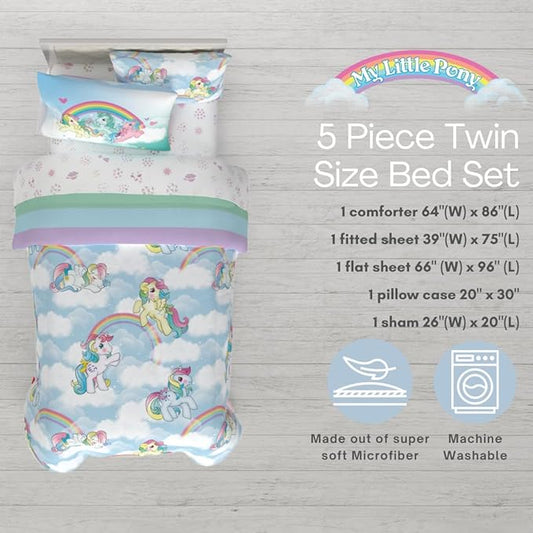 Franco Collectibles My Little Pony Classic Retro Unicorn Rainbow Bedding 5 Piece Super Soft Comforter and Sheet Set with Sham, Twin, (100% Official Licensed Product)