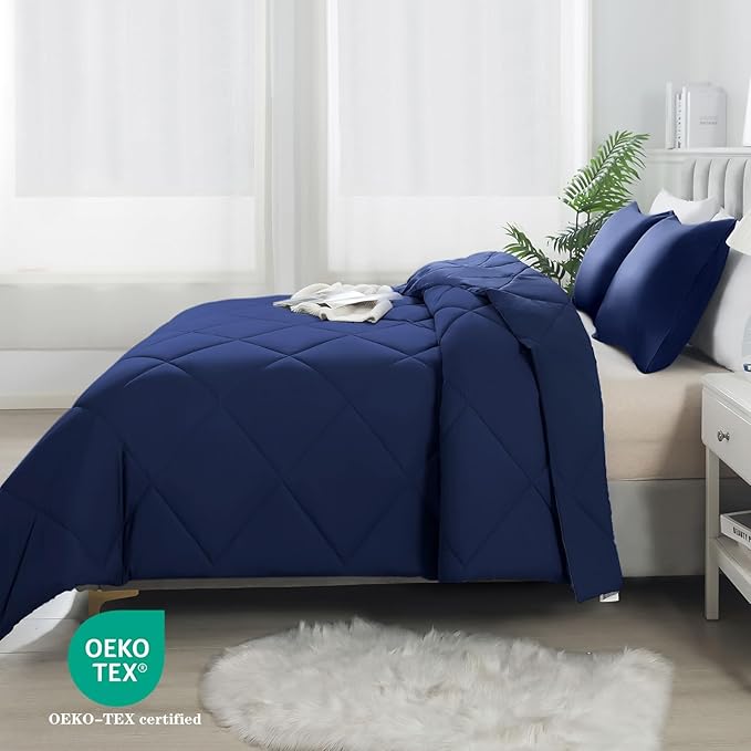 3-Piece Queen Comforter Set,All-Season,Soft & Hypoallergenic &Breathable Bedding,Polyester Quilted,Down Alternative(Comforter*1 & Pillowcases*2),Dark Blue