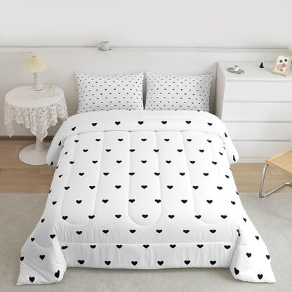 Erosebridal White Black Comforter Set Cute Heart Pattern Bedding Set Girly Cartoon Love Geometric Down Comforter Queen Size Cute Quilt Set for Kids Girls Boys Teens Bedroom Decor Soft Duvet Set