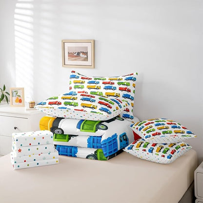 7 Pcs Colorful Garbage Truck Bedding Sets with Comforter,Flat & Fitted Sheet,Pillowcases,Pillow Covers Trash Trucks Decorative Comforter Set Cartoon Car Recycling Truck Bedroom Dorm Bed Set,King