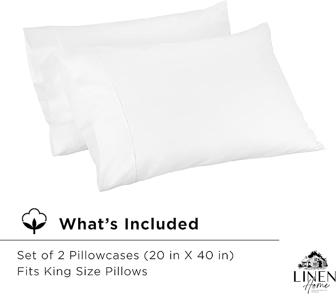 Linen Home 500 Thread Count King Pillowcase Set | 100% Long-Staple Cotton Pillow Cases | Soft & Smooth Luxury Satin Set of 2 Pillowcases | 4 Inch Z Hem | White