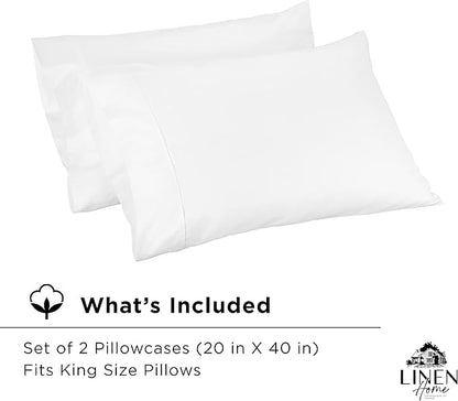 Linen Home 500 Thread Count King Pillowcase Set | 100% Long-Staple Cotton Pillow Cases | Soft & Smooth Luxury Satin Set of 2 Pillowcases | 4 Inch Z Hem | White