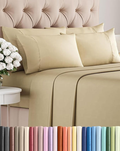 King 6 Piece Sheet Set - Comfy Breathable & Cooling - Ultra Soft Hotel Luxury Bedding Set with 8-16 Inch Deep Pockets - 1 Flat & 1 Fitted Sheet & 4 Pillowcases - Cozy, Wrinkle Free & Easy Care - Beige