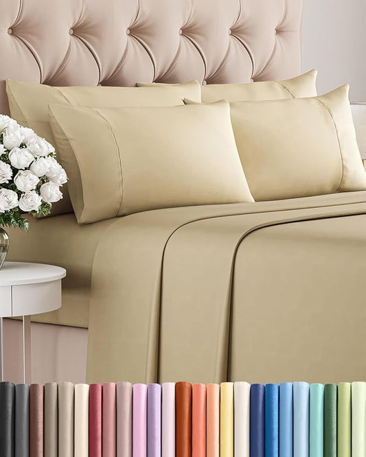 Cal King 6 Piece Sheet Set - Comfy Breathable & Cooling - Ultra-Soft Hotel Luxury Bedding Set with 8-16 Inch Deep Pockets - 1 Flat & 1 Fitted Sheet & 4 Pillowcases - Wrinkle Free & Easy Care - Beige