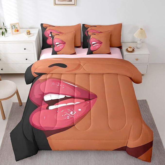 Erosebridal Black Girls Pink Comforter Sets 7 Piece for Kids African Black Women Full Sheet Set Vogue Fashion Gorgeous Bedding Set for Girls Women Teens Minimalist Romantic Makeup Bed in A Bag