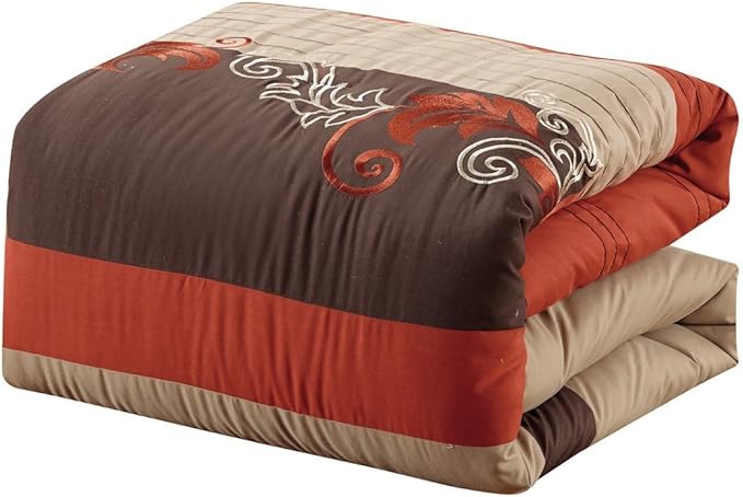 Chezmoi Collection Napa 7-Piece Luxury Autumn Leaves Scroll Embroidery Bedding Comforter Set (California King, Rust Orange/Brown/Taupe)