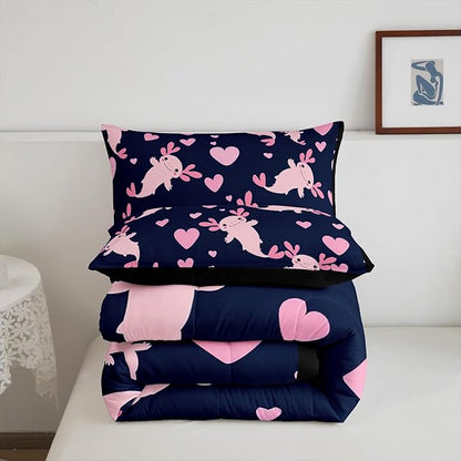 Feelyou Axolotl Comforter Set Full Size Heart Comforter for Boys Girls Teens Cute Axolotl Bedding Set Cartoon Salamander Duvet Set Room Decor Navy Blue Pink Quilt Set