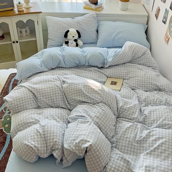 Nayoroom Blue Gingham Duvet Cover Full Size Reversible Plaid Checkered Duvet Cover 3 Pieces Soft Breathable Washed Microfiber Girls Dorm Bedding Set for All Season