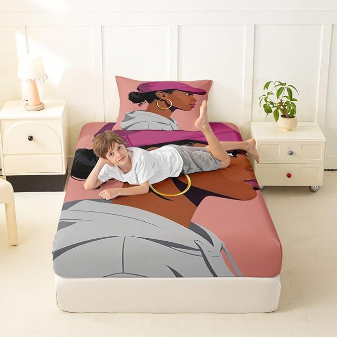 Erosebridal Black Girls Girls Bed Sheets Twin Size Fashion Black Woman Fitted Sheet Vogue Fashionable Gorgeous Bedding Set for Kids Children Women Bedroom Decor African Princess Magical Sheets