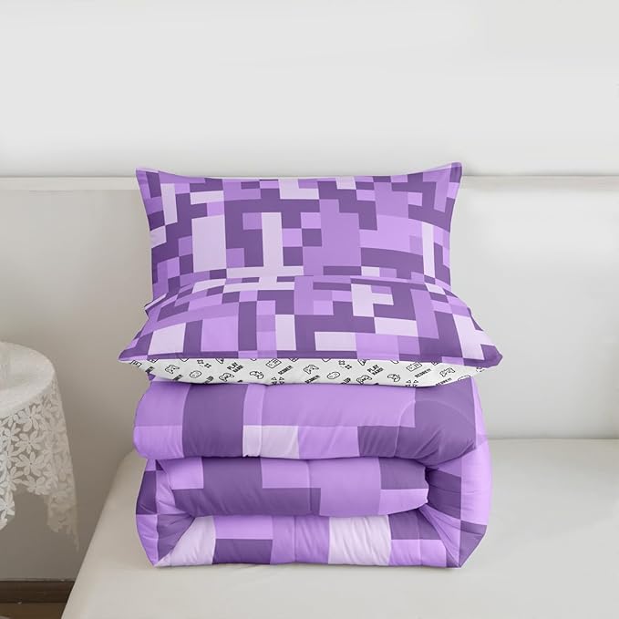 Pixel Grid Miners Comforter Set King Size,Video Games Plaid Lattice Kids Bedding Set,Geometric Check Quilt Comforter,Light Purple Duvet Insert,2 Pillowcases