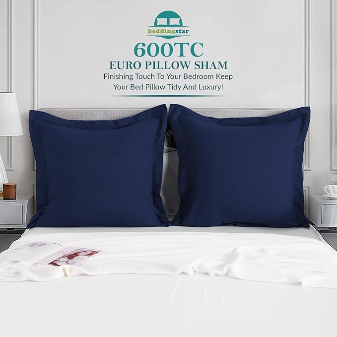 Euro Sham Covers 28x28 Set of 2 Navy Blue 600 Thread Count 100% Egyptian Cotton Pack of 2 Euro 28x28 Pillow Cover Cushion Cover Cases Soft Skin Friendly European Size Decorative Square Pillow Shams