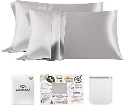 PROMEED 23 Momme Kids Silk Pillowcase 2 Pack with Free Laundry Bag, Natural Grade 6A+ Mulberry Silk Travel Toddler Pillow Case Set of 2, Zipper (Toddler/Travel 13"x18", Light Grey)