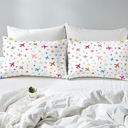 Castle Fairy Kids Aircraft Bedding Set Watercolor Transportation Vehicles Duvet Cover Set Boys Airplanes Comforter Cover Colorful Bedspread Cover Bedroom Quilt Cover Queen,No Comforter