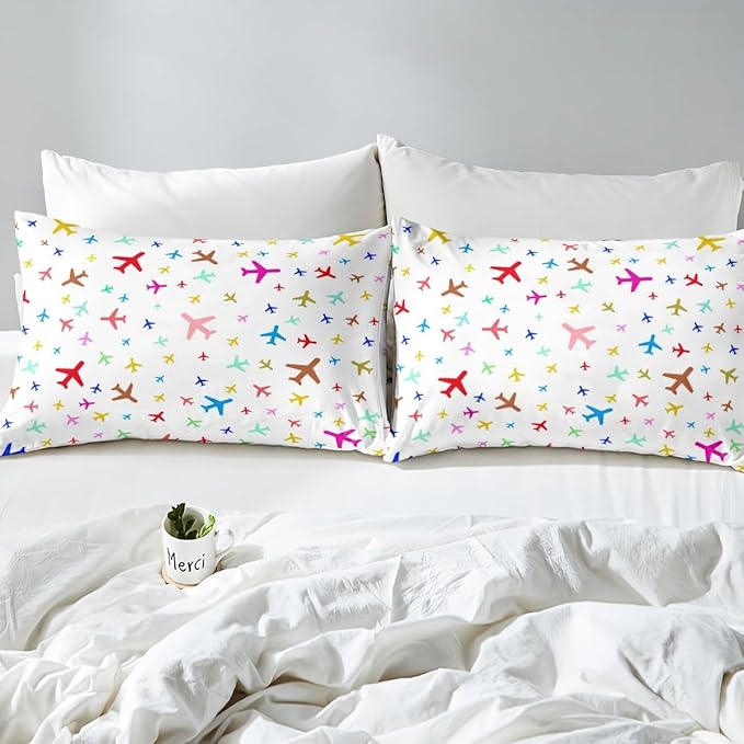 Castle Fairy Kids Aircraft Bedding Set Watercolor Transportation Vehicles Duvet Cover Set Boys Airplanes Comforter Cover Colorful Bedspread Cover Bedroom Quilt Cover Twin,No Comforter