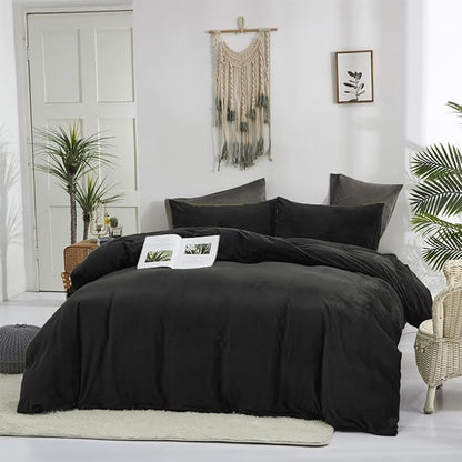 Houseri Black Velvet Comforter Set - Full Size, Fluffy Bedding Sets with Fuzzy Comforter, Sherpa Comforter, Soft Warm Comfy Flannel Comforters