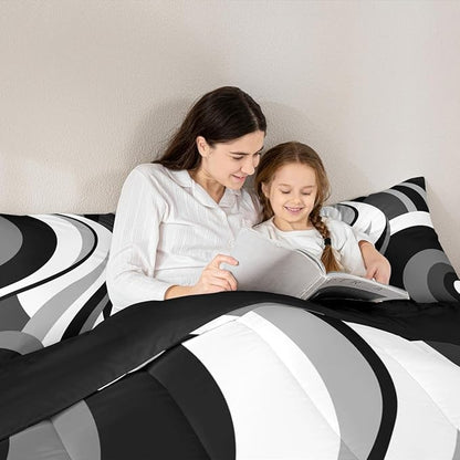 Gray Black White Spiral Queen Comforter Set for Adult Women Men Modern Swirls Stripes Abstract Bedding Set for Minimalists Boho Aesthetic Geometric Bed Sets Graffiti Art Lines Quilt Sets