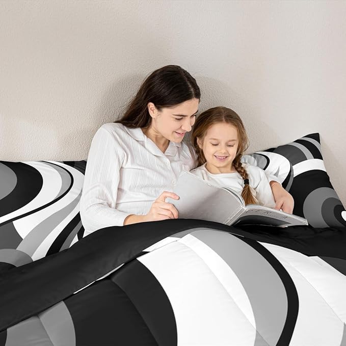 Gray Black White Spiral Bedding Full Size for Adult Women Men Modern Swirls Stripes Abstract Comforter for Minimalists Boho Aesthetic Geometric Bed Sets Graffiti Art Lines Quilt Sets