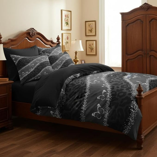 Black Queen Comforter Set with Leopard Print for Girl, Abstract Butterfly Bedding Set with 2 Pillowcases for Adult Women - 3 Pcs Soft Fluffy Breathable Microfiber Set, 90"x90"