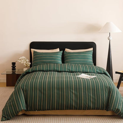 CLOTHKNOW Green Striped Twin/Twin XL Comforter Set 3Pcs Green Khaki Black Bedding Comforter Sets Ticking Farmhouse Comforter with 2 x Pillow Cases